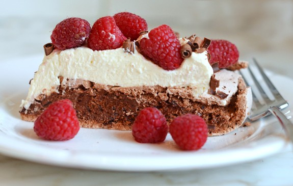 Double chocolate Pavlova with mascarpone cream & raspberries