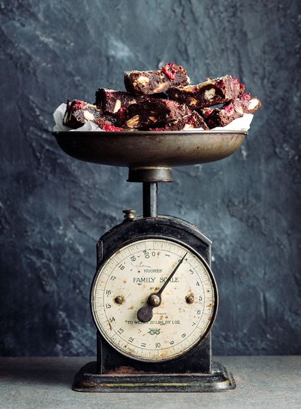 Double chocolate, raspberry and tahini swirl brownie