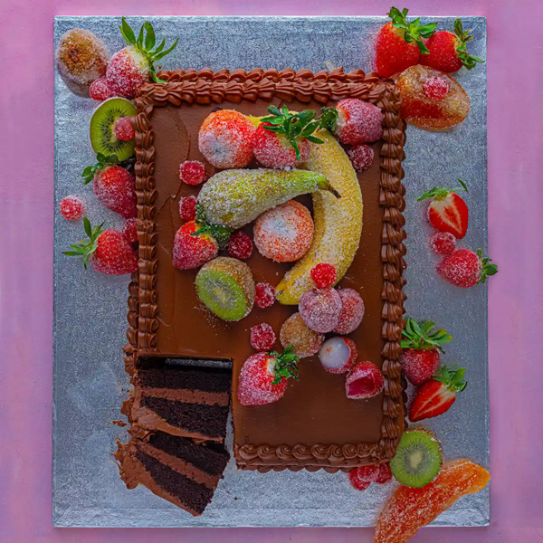 Double chocolate sheet cake with sugared fruits