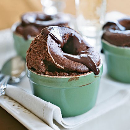 Double chocolate soufflés with warm fudge sauce