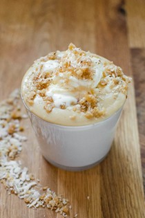 Double coconut cream pudding with coconut brittle