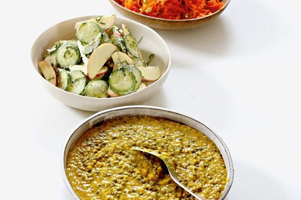 Double-dhal with carrot and raita salad