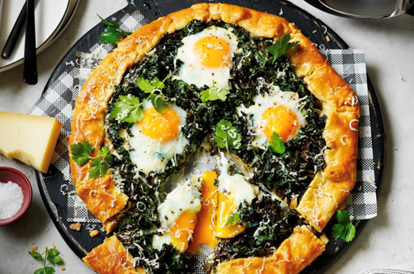 Double Gruyere, greens and jammy onion galette