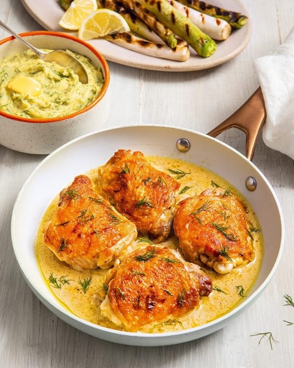 Double lemon chicken with charred leeks and dill polenta