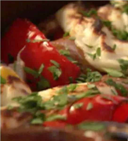 Double potato and halloumi bake