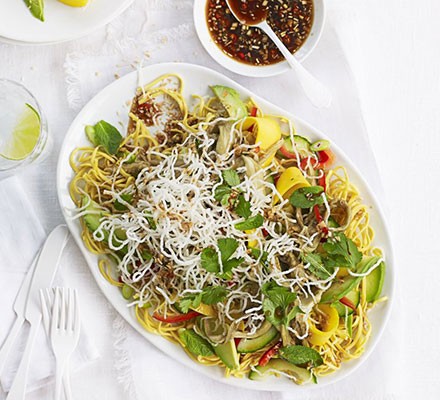 Double Thai noodle salad with smoked aubergine, mango & avocado 