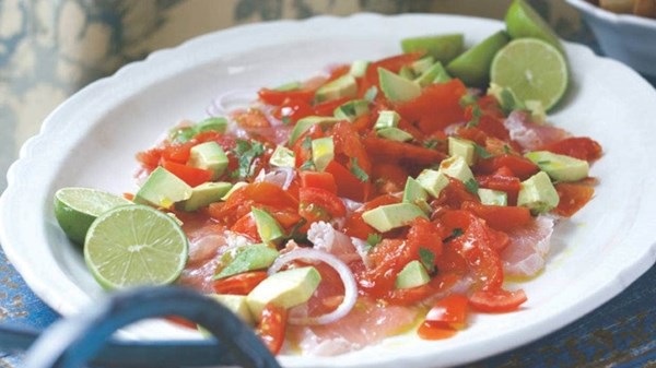Double tomato carpaccio of tequila-marinated fish