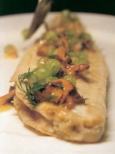 Dover sole roasted on the bone with brown shrimps and cucumber