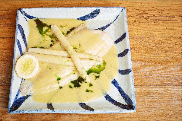 Dover sole with white asparagus, miso butter and lovage oil [Shuko Oda]