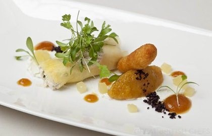 Dressed crab with pineapple chutney and goat's cheese beignet