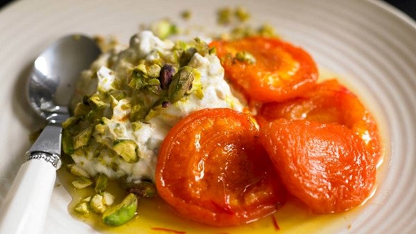 Dried apricot compote with sweet golden yoghurt
