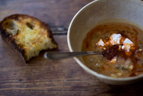 Dried fava soup with mint and guajillo chiles