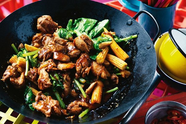 Drunken chicken, baby corn, greens and chilli