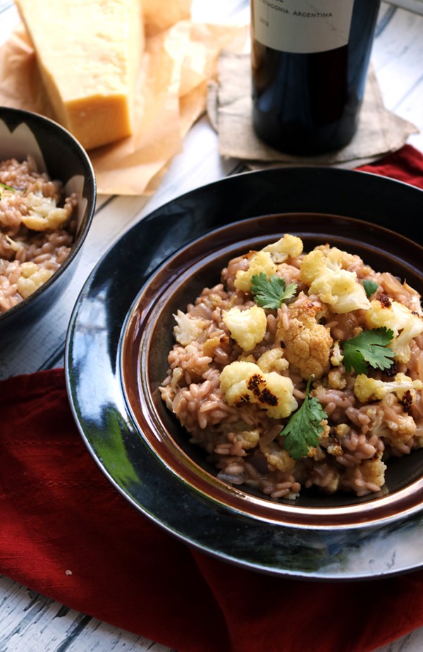 Drunken red wine risotto with roasted cauliflower and goat cheese