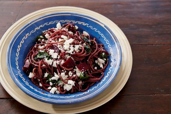 Drunken spaghetti with sweet roasted beets and ricotta salata