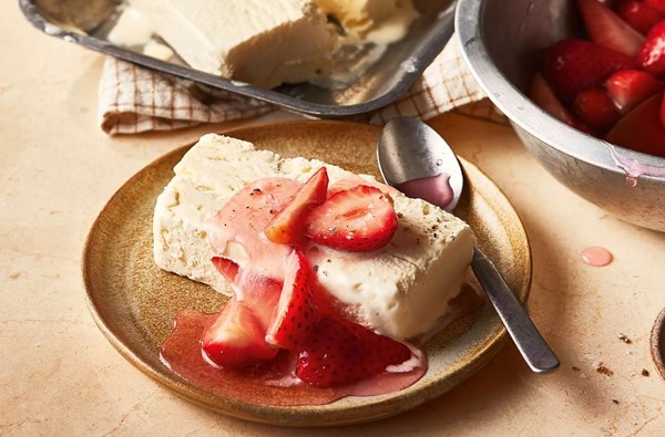 Drunken strawberries with salted milk parfait