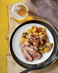 Dry-aged duck breasts with golden beet panzanella
