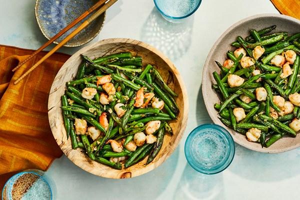 Dry-fried Sichuan-style green beans with shrimp