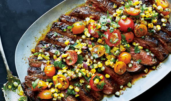 Dry-rubbed flank steak with grilled corn salsa