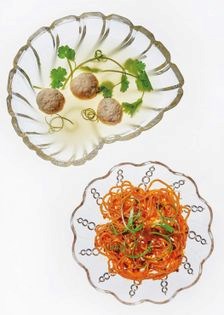 Dry spicy bagoong noodles with fish balls in broth