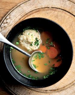 Dryad's saddle soup with stuffed matzo meal dumplings [Elinoar Shavit]