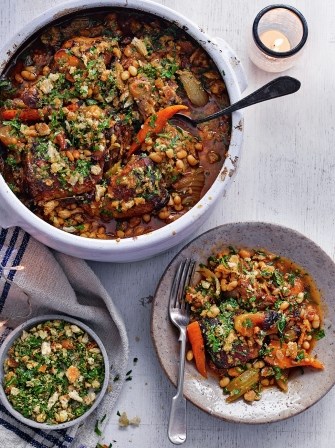 Duck & apple cassoulet with herby crust