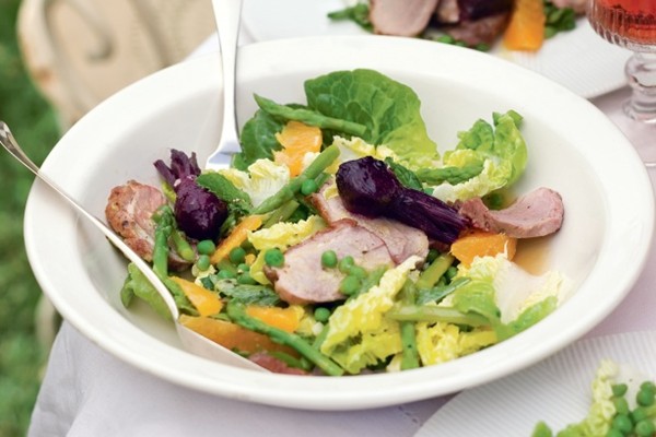 Duck & baby beetroot salad with asparagus and peas