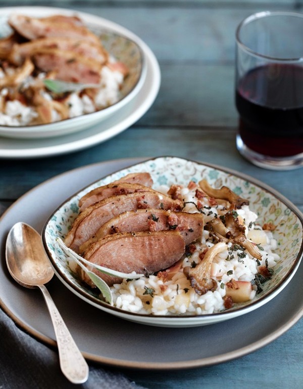 Duck and apple risotto with bacon, sage, and forest mushrooms