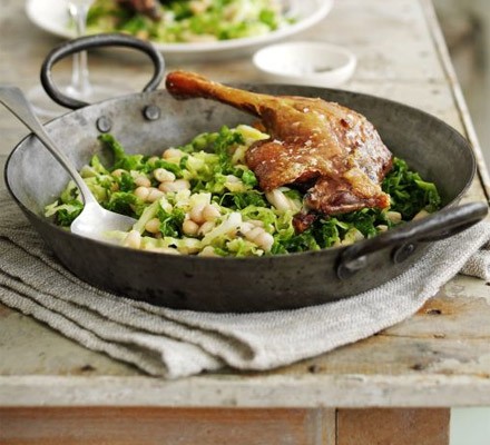 Duck and braised beans and savoy cabbage