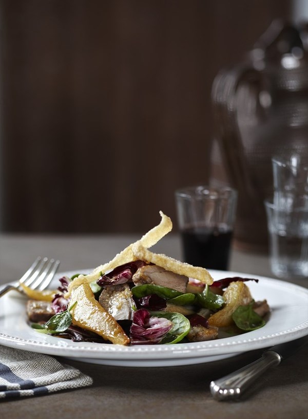 Duck and cinnamon pear salad with crispy wontons