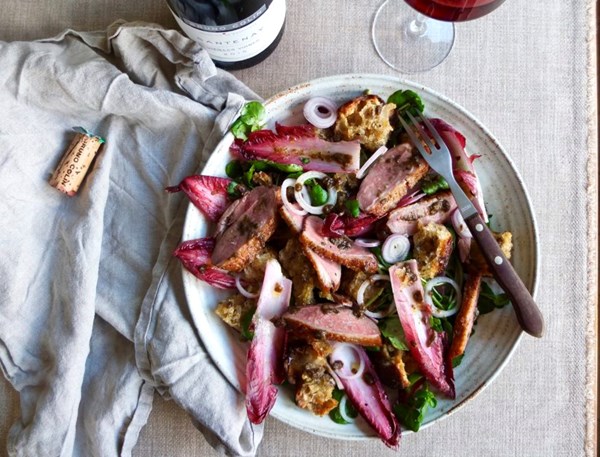 Duck and endive salad with pickled walnut dressing 