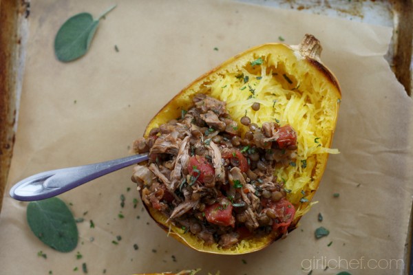 Duck and lentil ragù with spaghetti squash