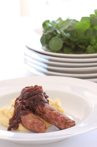 Duck bangers with balsamic onions & mash