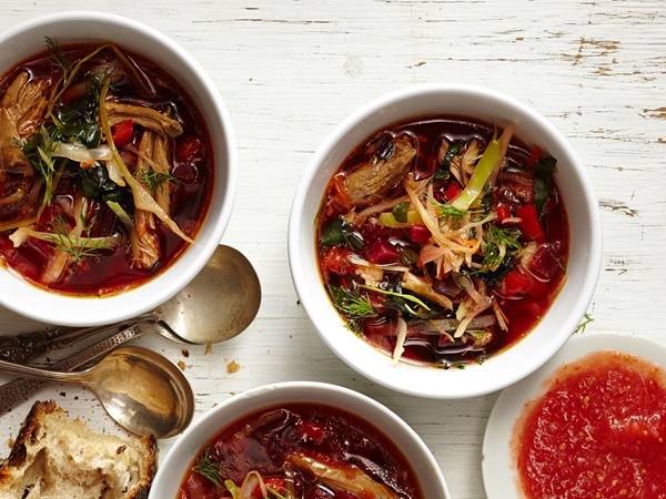 Duck borscht with fermented tomato sauce