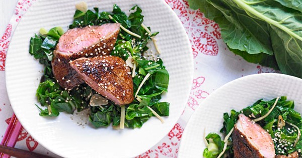 Duck breast and ginger sesame greens
