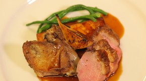 Duck breast, confit duck leg, with sautéed pumpkin flan and roasted pear