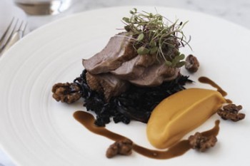 Duck breast, pumpkin purée, balsamic braised red cabbage & candied walnuts