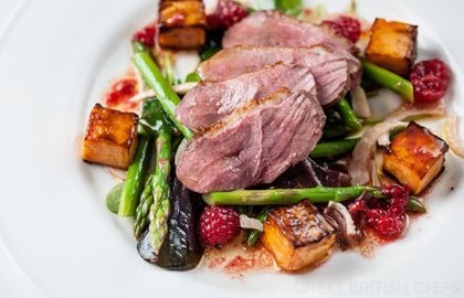 Duck breast salad with asparagus, sweet potato, pickled fennel and raspberry vinaigrette