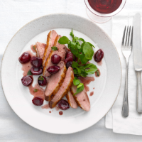 Duck breast with agrodolce cherries and mint