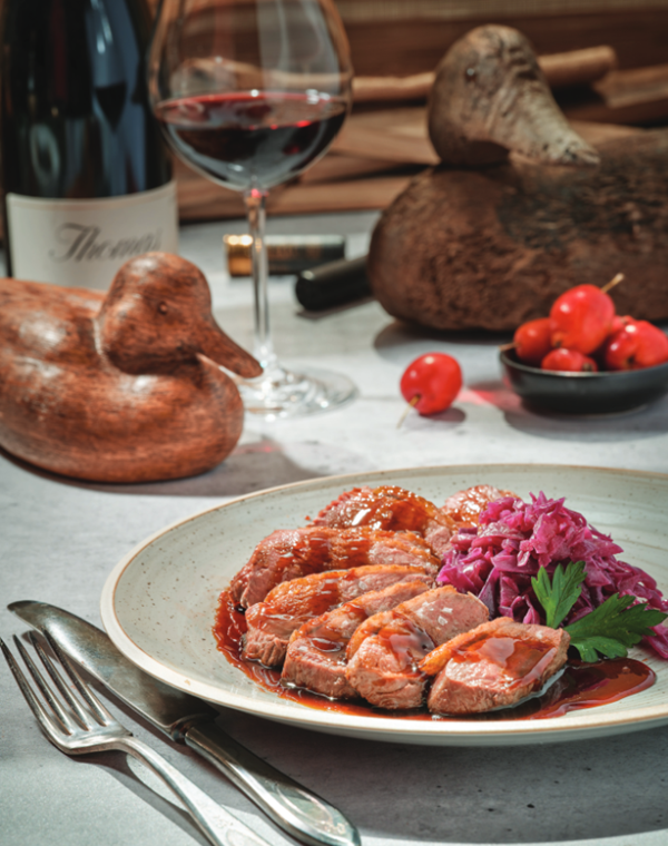 Duck breast with apple cider and braised red cabbage