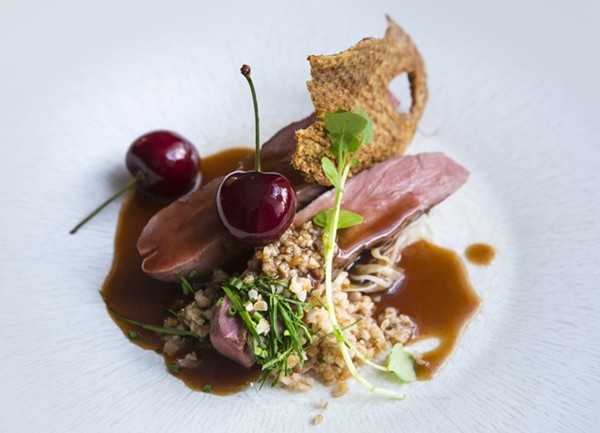 Duck breast with celeriac choucroute, bulgur wheat and cherries