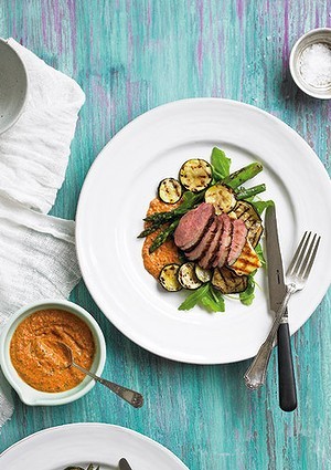 Duck breast with chargrilled vegetables and red capsicum sauce