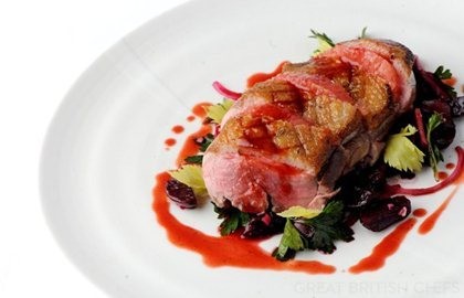Duck breast with honey, caraway and beetroot and grapefruit salad