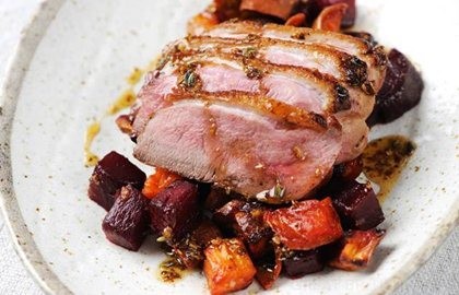 Duck breast with lavender, beetroot and sweet potato