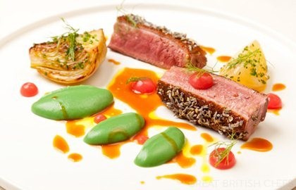 Duck breast with lavender, fennel purée and peach purée