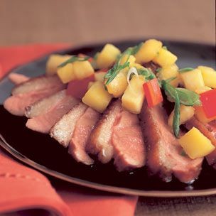 Duck breast with peach and mango salsa