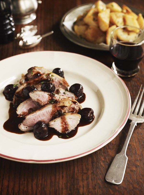 Duck breast with red wine and cherry sauce