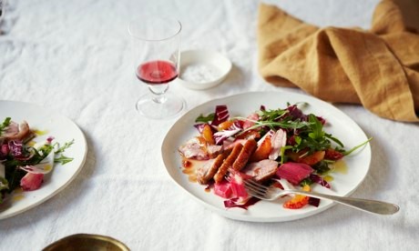 Duck breast with rhubarb and blood orange caramel glaze