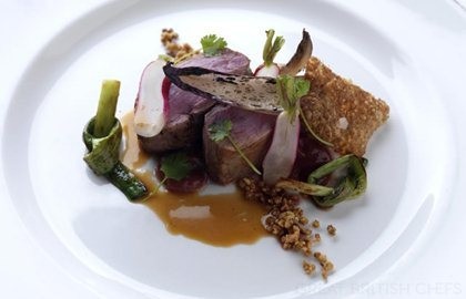 Duck breast with rhubarb purée and walnut granola