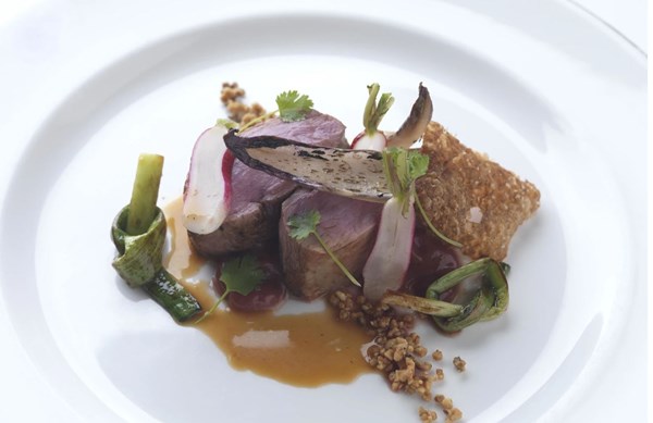 Duck breast with rhubarb purée & savoury granola [Adam Stokes]